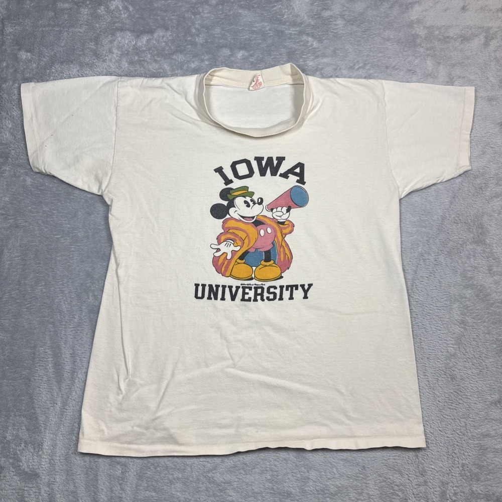 Vintage Iowa University Mickey Mouse Shirt Men XL Beige Distressed 70s 80s